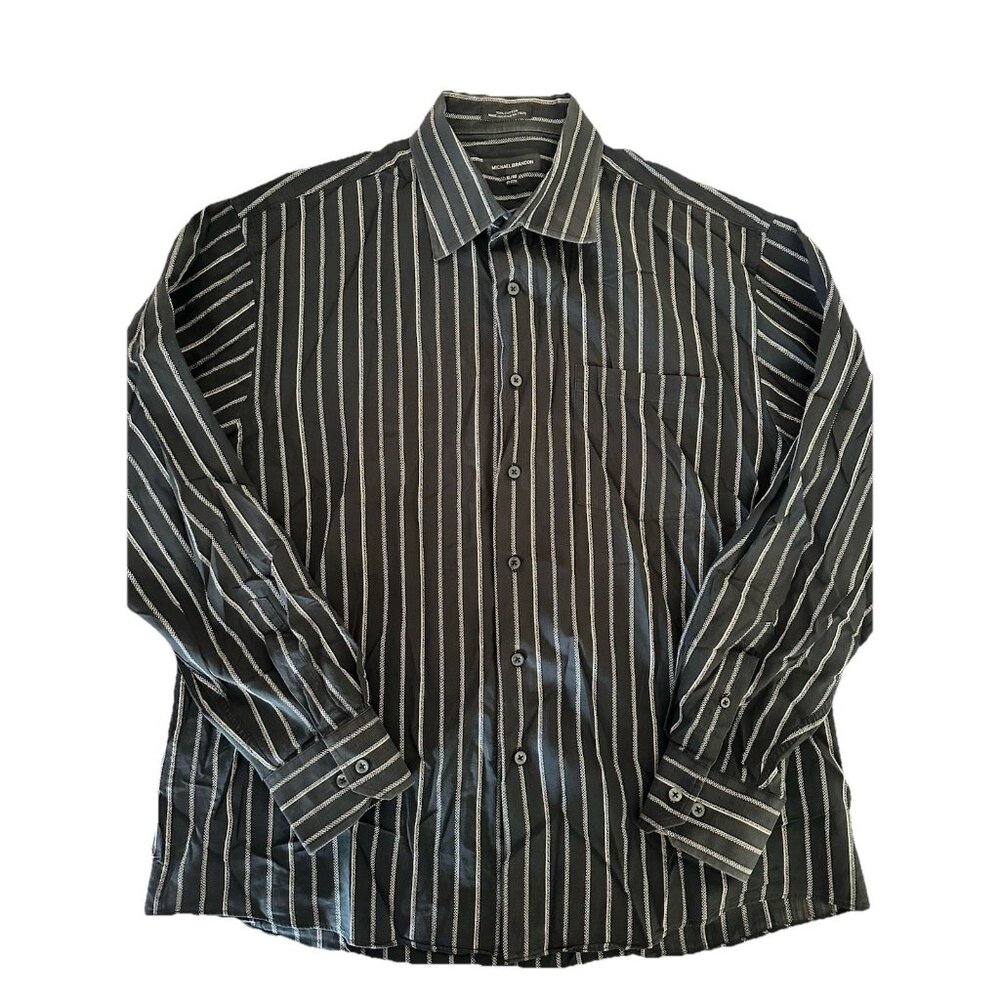 Michael Brandon Mens XL Button Down Long Sleeve Gray Striped Dress Shirt Career